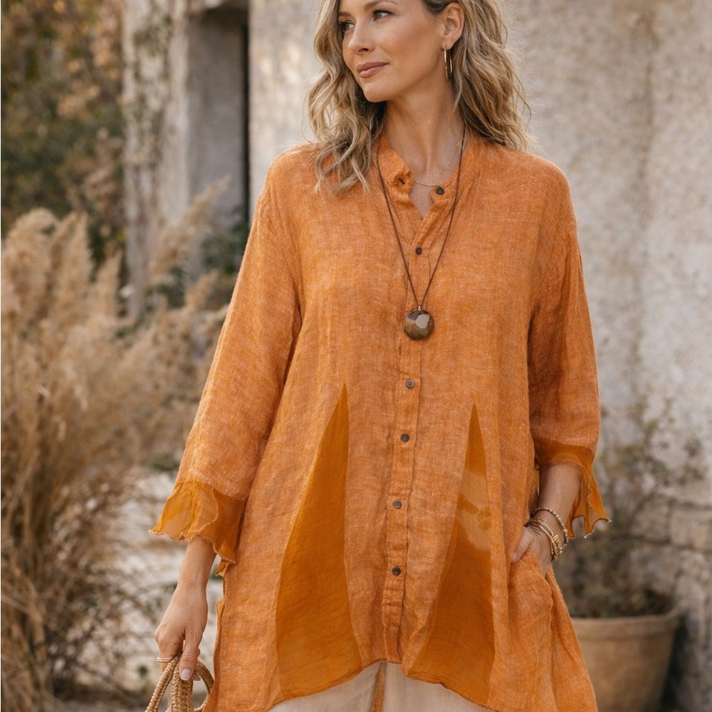 Shari B Green Orange Linen Tunic Blouse Art to Wear Lagenlook Boho Button Down